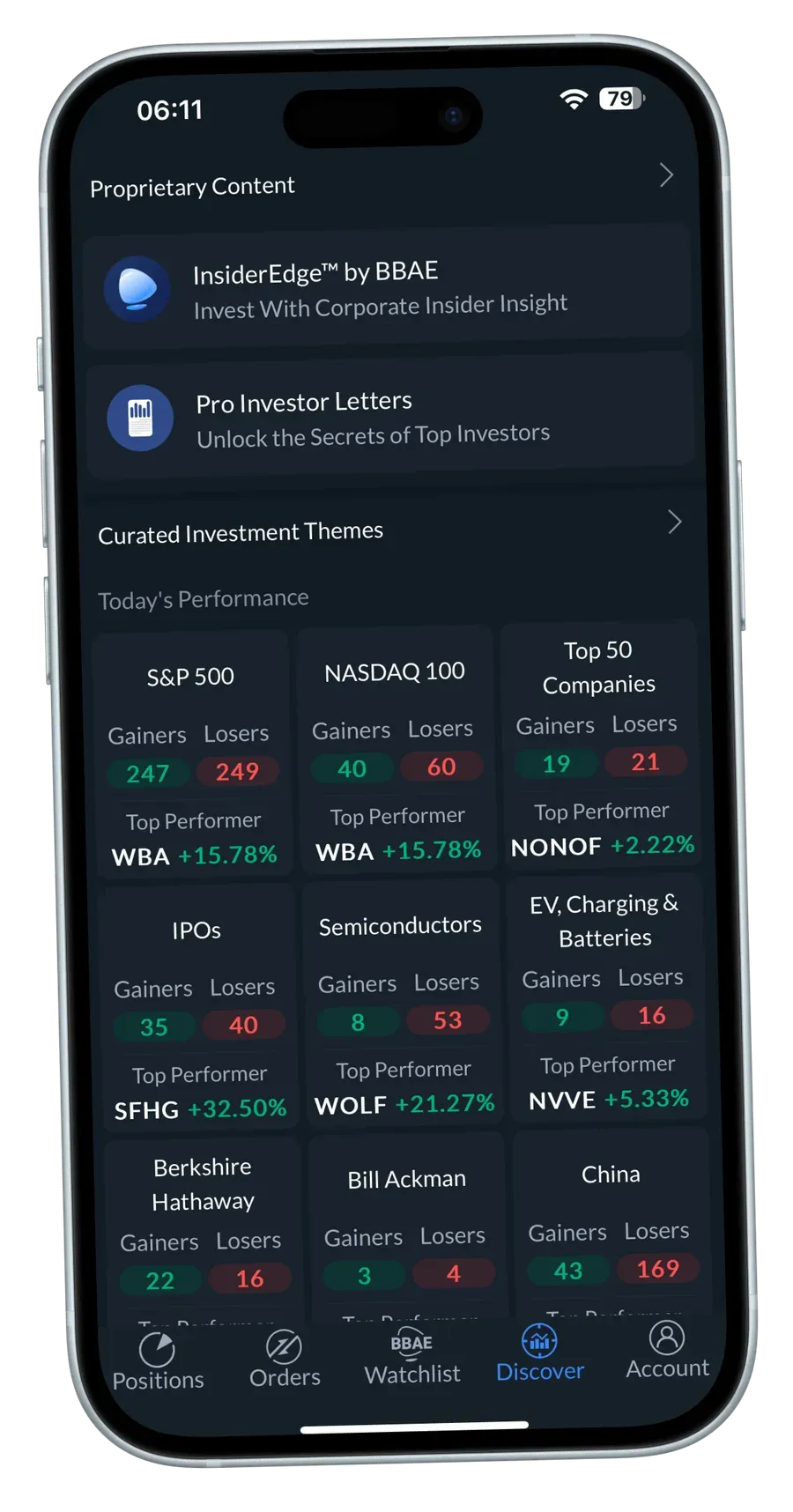 Discover screen: investment themes and investor portfolios